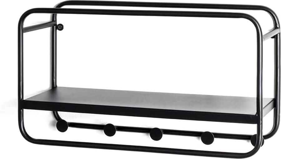 Stijlvolle Moderne Wandkapstok van Zwart Metaal met 5 Haken en Ruime Plank