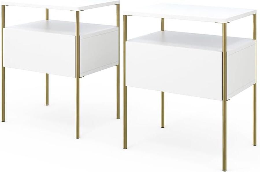 Stijlvolle Nachtkastjes Set van 2 in Wit-Goud – Perfect voor Slaapkamer of Bijzettafel