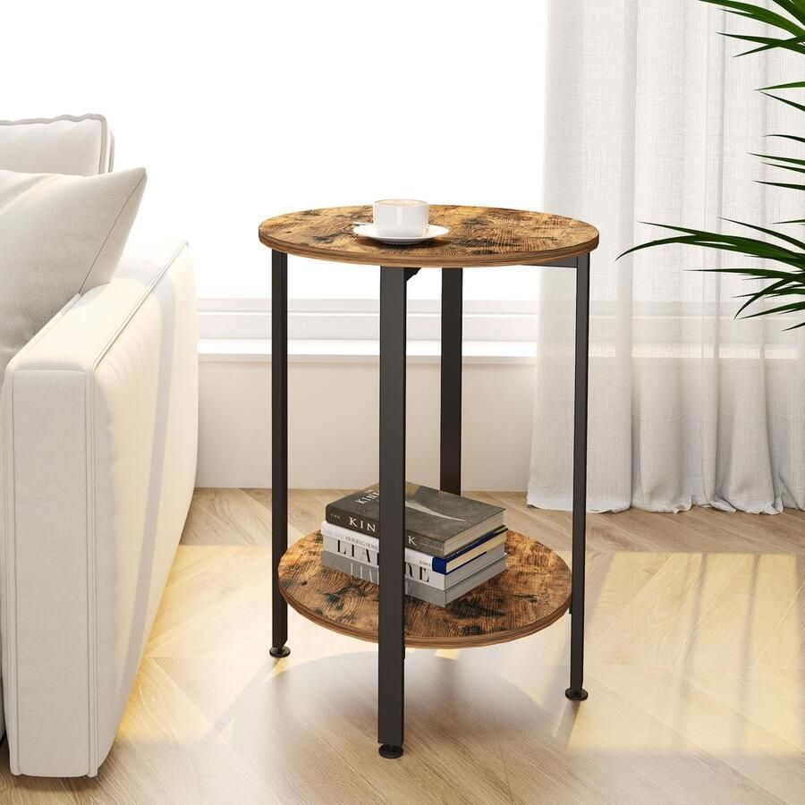 Stijlvolle Ronde Bijzettafel met Houten Blad en Industrieel Zwart Metalen Frame