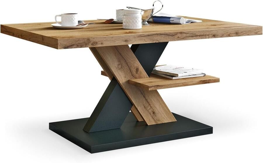 Stijlvolle Salontafel in Wotan Eiken en Zwart – Modern Design met Plank – Perfect voor Thee Koffie en Gezellige Momenten