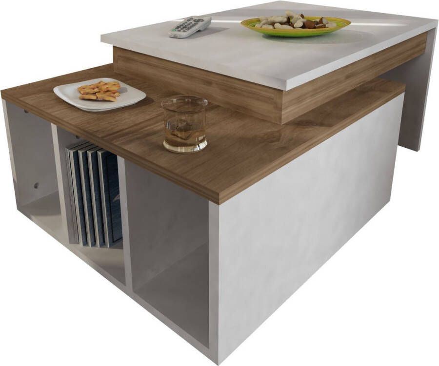 Asir salontafel. 100% GEMELAMINEERDE SPAANPLAAT. Dikte: 18 mm. Breedte: 90 cm Hoogte: 37 4 cm Diepte: 60 cm. Talrijke planken