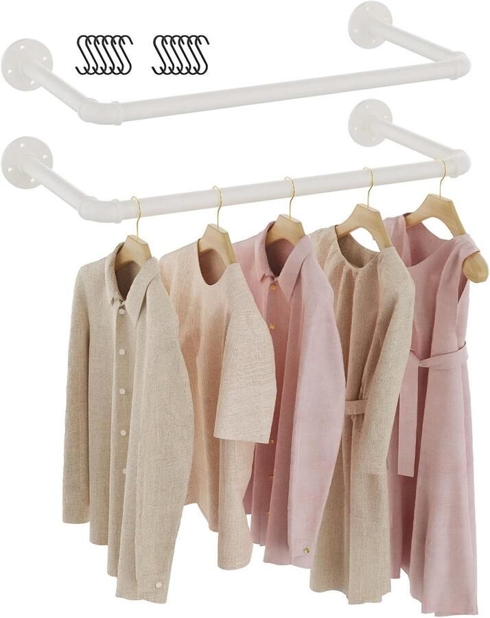 Retadou Set van 2 industriële kledingstangen 54 cm kledingrekken voor aan de muur kledingrek kapstok wandmontage compleet garderobesysteem wit