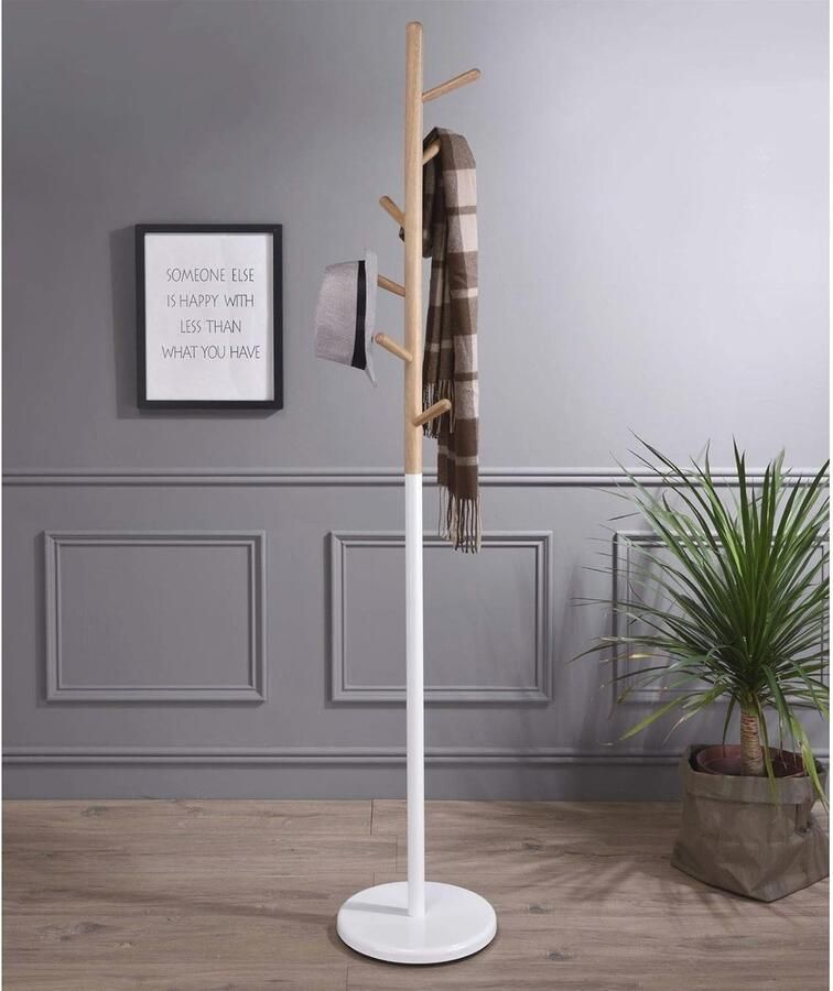 Stijlvolle Staande Kapstok met 6 Haken van Metaal en Grenenhout in Wit Naturel