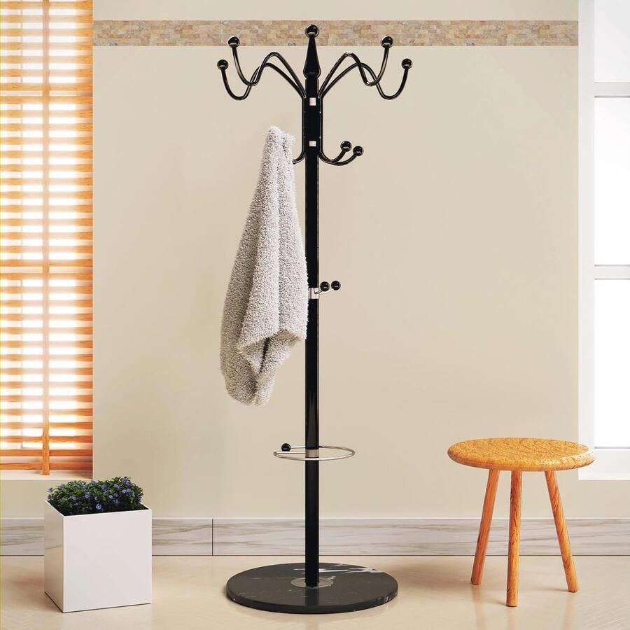 Stijlvolle Staande Kapstok Metaal met Marmeren Voet en 14 Haken 360° Draaibaar Kledingrek