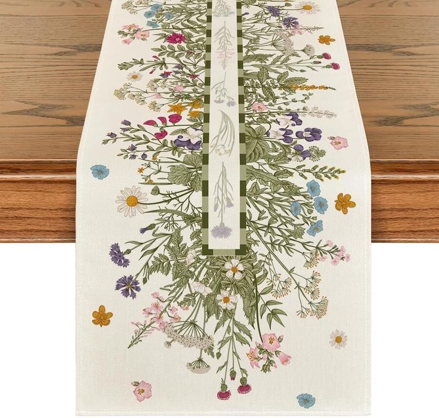 Stijlvolle tafelloper beige 183 x 33 cm jasmijn- en chrysantenmotief