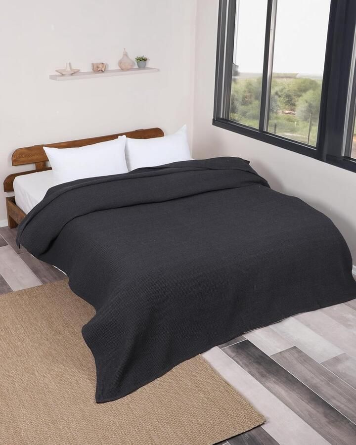 Stijlvolle Wafelstructuur Bedsprei van 100% Katoen Tweezijdige Bank- en Beddeken (Grijs 180x200 cm)