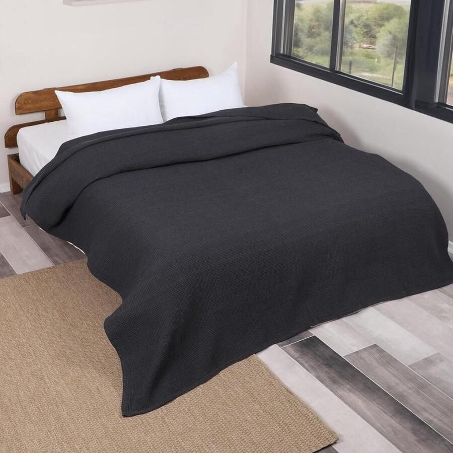 Stijlvolle Wafelstructuur Bedsprei van 100% Katoen Tweezijdige Bank- en Beddeken (Grijs 180x200 cm)