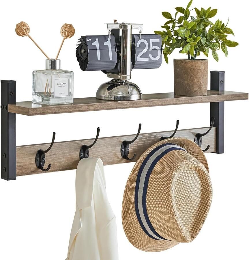 Stijlvolle Wandkapstok met 5 Haken en Ophangrail voor Hal Slaapkamer en Woonkamer Zilvergrijs