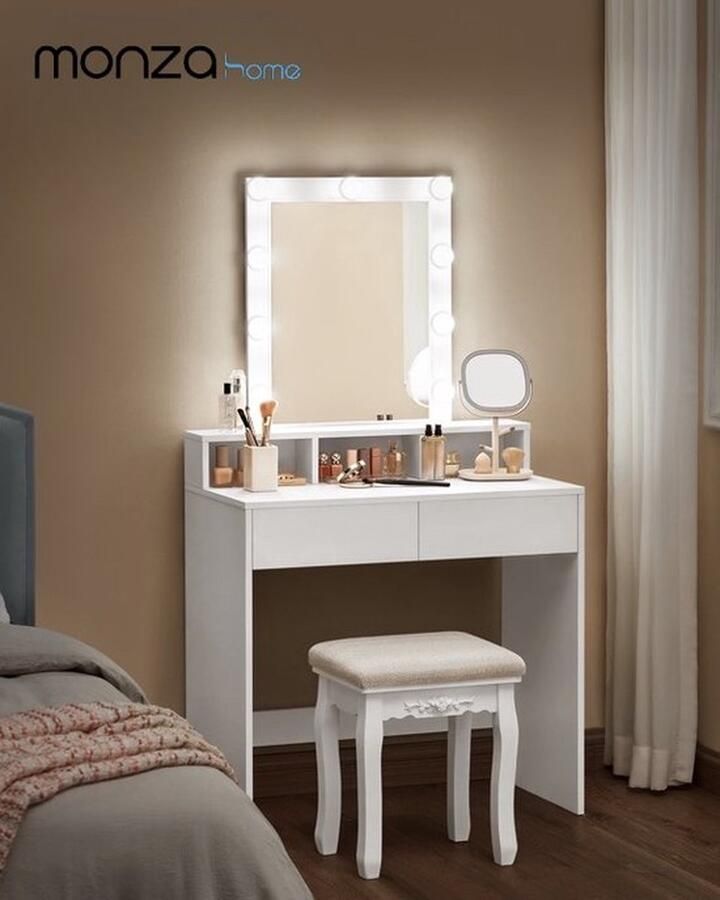 Stijlvolle Witte Kaptafel en Luxe Make up Tafel Eenvoudige Montage Verstelbare LED Verlichting en Ruime Opbergruimte! Creëer Jouw Perfecte Make-up Hoekje
