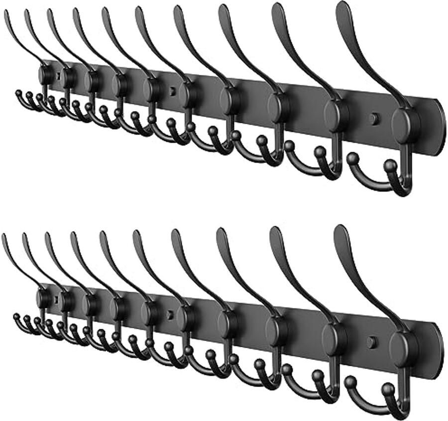 Stijlvolle Zwarte Muurkapstok 82cm Zware Roestvrijstalen Haak met Matte Afwerking 10 Drievoudige Jassenhaken voor Handdoeken Tassen Hoeden Badkamer en Entree 2 Stuks