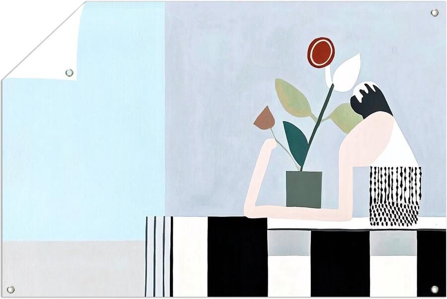 Stilleven bloemen op tafel Stilleven tuindecoratie Tuinmuurdecoratie bloemen Minimalisme Posters buiten wanddecoratie tuinposter 120x80 cm