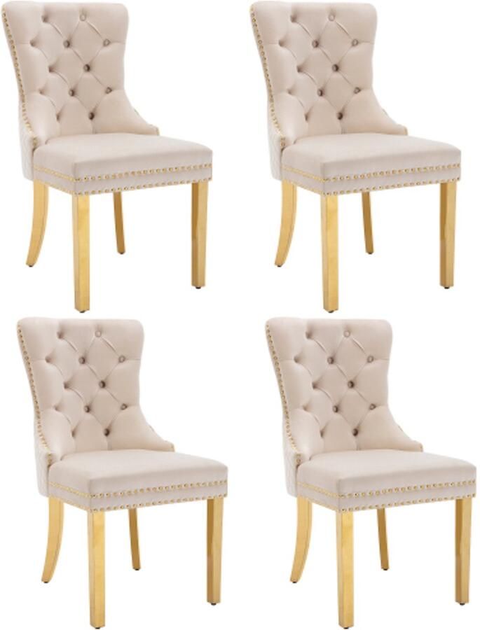 Stoel 4 Stuks 50 5x45x95cm Rond Eetkamerstoel Beige Goud Fluweel Met Gouden Roestvrijstalen Poten Nagelkop Afwerking Rugtrekring Comfortabel Design Voor Keuken Woonkamer