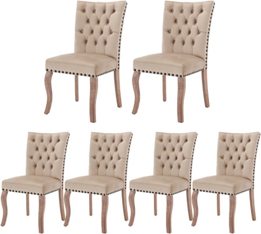 Stoel 6 Stuks 49x63x92cm Eetkamerstoel Beige Fluweel Massief Houten Poten Nagelkop Afwerking Unieke Deurklopper Op Rugleuning Modern Design Voor Keuken Woonkamer