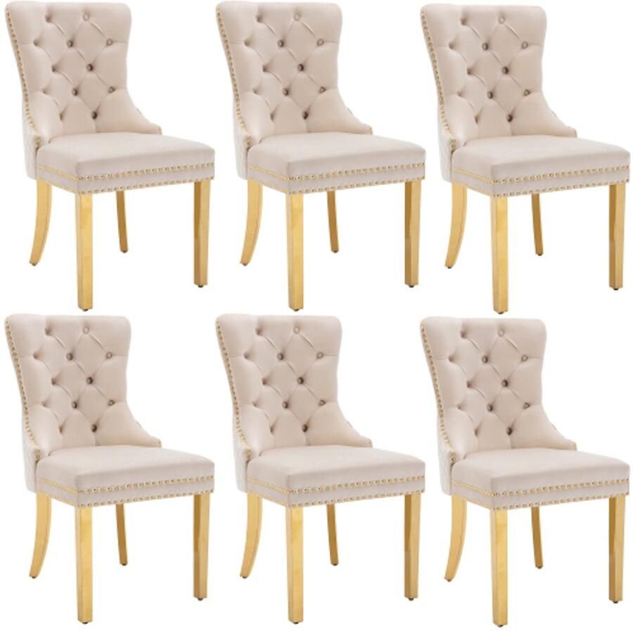 Stoel 6 Stuks 50 5x45x95cm Rond Eetkamerstoel Beige Goud Fluweel Met Gouden Roestvrijstalen Poten Nagelkop Afwerking Rugtrekring Comfortabel Design Voor Keuken Woonkamer