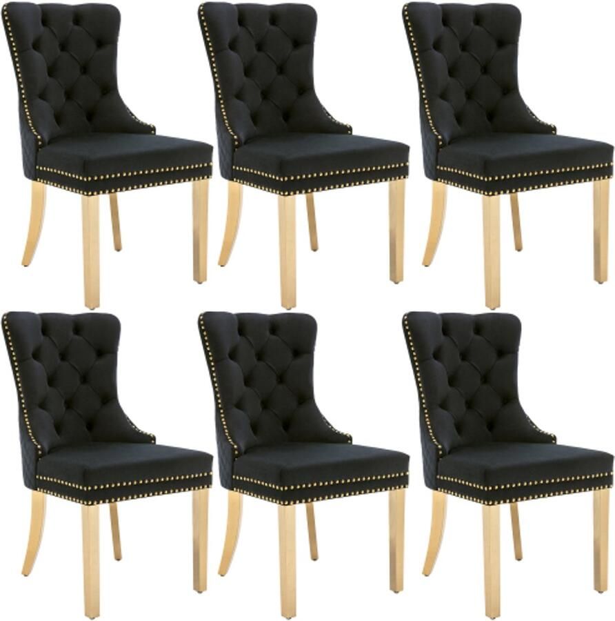 Stoel 6 Stuks 50 5x45x95cm Rond Eetkamerstoel Zwart Goud Fluweel Met Gouden Roestvrijstalen Poten Nagelkop Afwerking Rugtrekring Comfortabel Design Voor Keuken Woonkamer