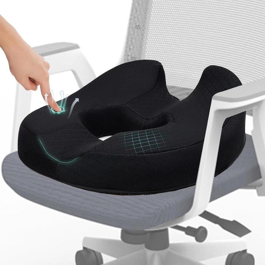 Stoel Donut Kussen Zitkussen voor Stuitbeen Pijnbestrijding Memory Foam Firm Coccyx Pad Lang Zitten Bureaustoel Gaming Stoel Autostoel Zwart 15.5 * 17.5 * 5.5in