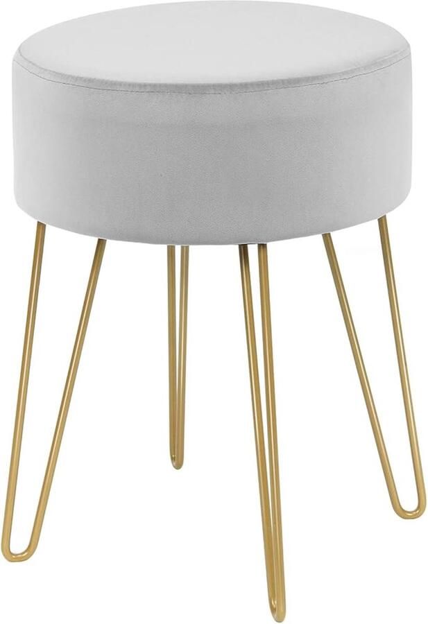 Stoel Kaptafel Kruk Ronde Fluwelen Voetenbank Gevoerde Voetenbank met Metalen Poten voor Kaptafel Woonkamer Slaapkamer 34 x 34 x 43 cm (Grijs)