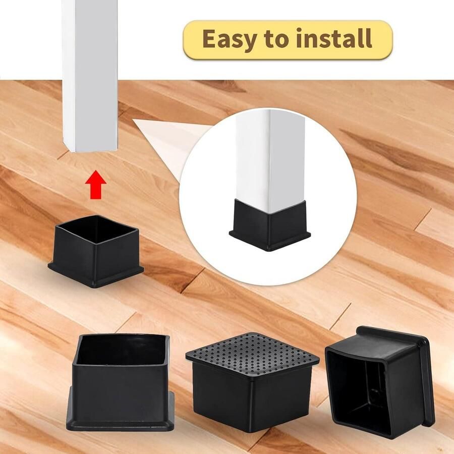 Stoelbeen Caps Voeten Pads 60x60mm Zwarte PVC Vloerbeschermers Set van 8