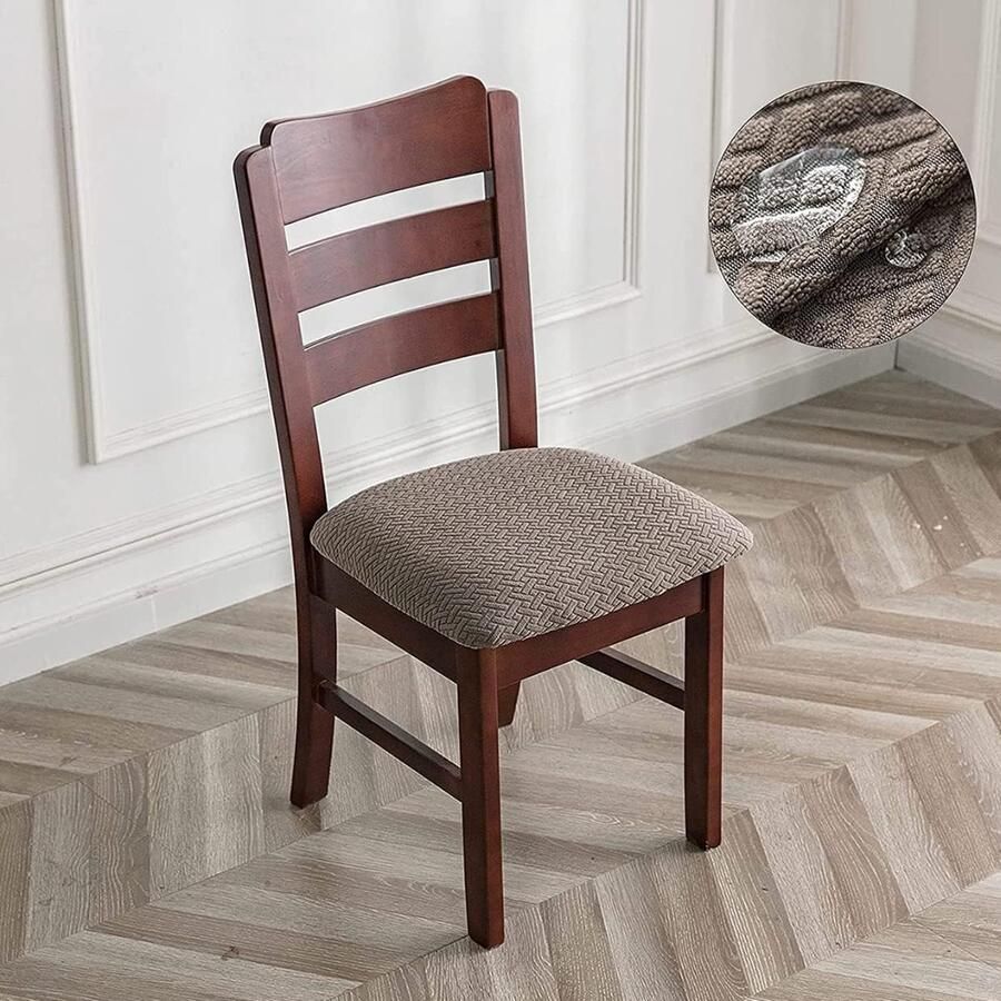 Stoelbekleding zitvlak wasbaar stretch waterdicht jacquard hoes voor stoelen eetkamerstoelen stoelhoezen 6-delige set taupe stoelbekleding voor thuis keuken