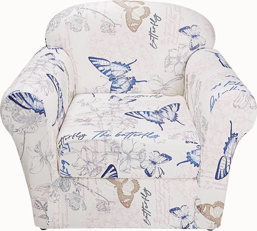Stoelbeschermer 2 stuks fauteuilhoes met elastische stretchhoes bankovertrek 1-zits stoelhoezen bedrukt bankbeschermer met armleuning zacht antislip (blauwe vlinder)