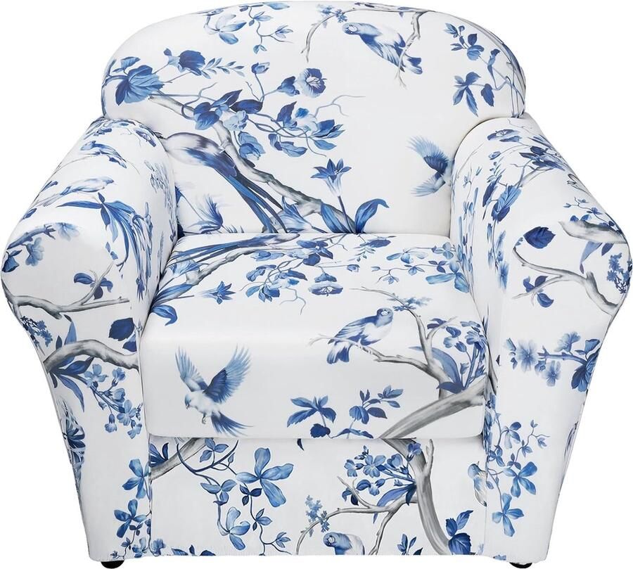 Stoelbeschermer 2 stuks stoelovertrek met elastische stretch hoes bankovertrek 1-zits stoelhoezen bedrukt bankbeschermer met armleuning zacht antislip (blauwe takkenvogel)