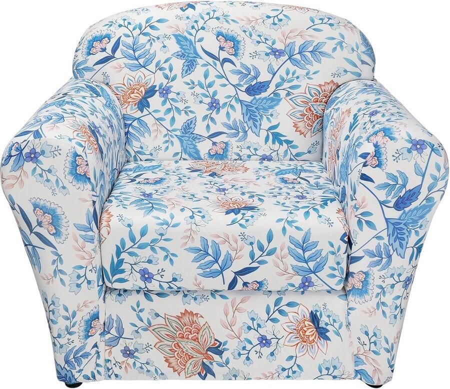 Stoelbeschermer 2 stuks stoelovertrek met elastische stretchhoes bankovertrek 1-zits stoelhoezen bedrukt bankbeschermer met armleuning zacht antislip (blauwe bladeren oranjebloesem)