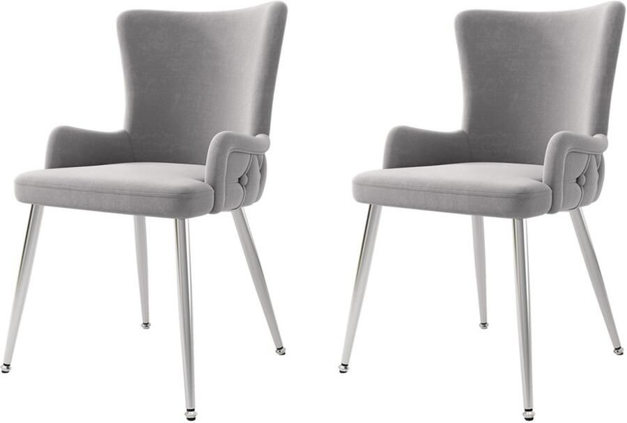 Stoelen 2-delig Set Eetkamerstoelen Lounge Stoelen Fauteuils Multifunctionele Stoelen Met armleuningen en hoge rugleuning met knoopdecoratie en diamantpatroon Huidvriendelijke zachte stof Stevig metalen frame Grijs + Zilver