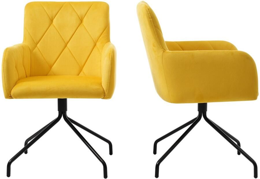 Stoelen 2-delig Set Eetkamerstoelen Lounge Stoelen Multifunctionele Stoelen Met armleuningen en rugleuning met ruitpatroon decoratie Zachte en huidvriendelijke stof Stevig metalen frame Geschikt voor eetkamer slaapkamer en woonkamer geel