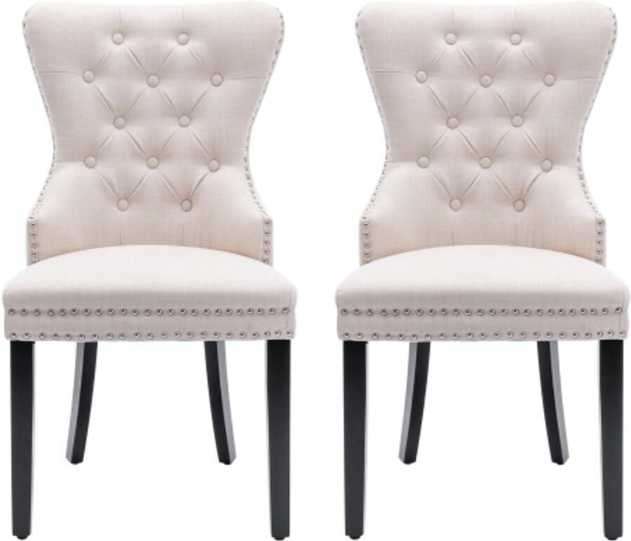 Stoelen 2-delig set Eetkamerstoelen Relaxstoelen Multifunctionele stoelen Stevige houten poten Rugleuning met knoopdecoratie Rug met ring Spijkerbanddecoratie 50x54x97cm Beige