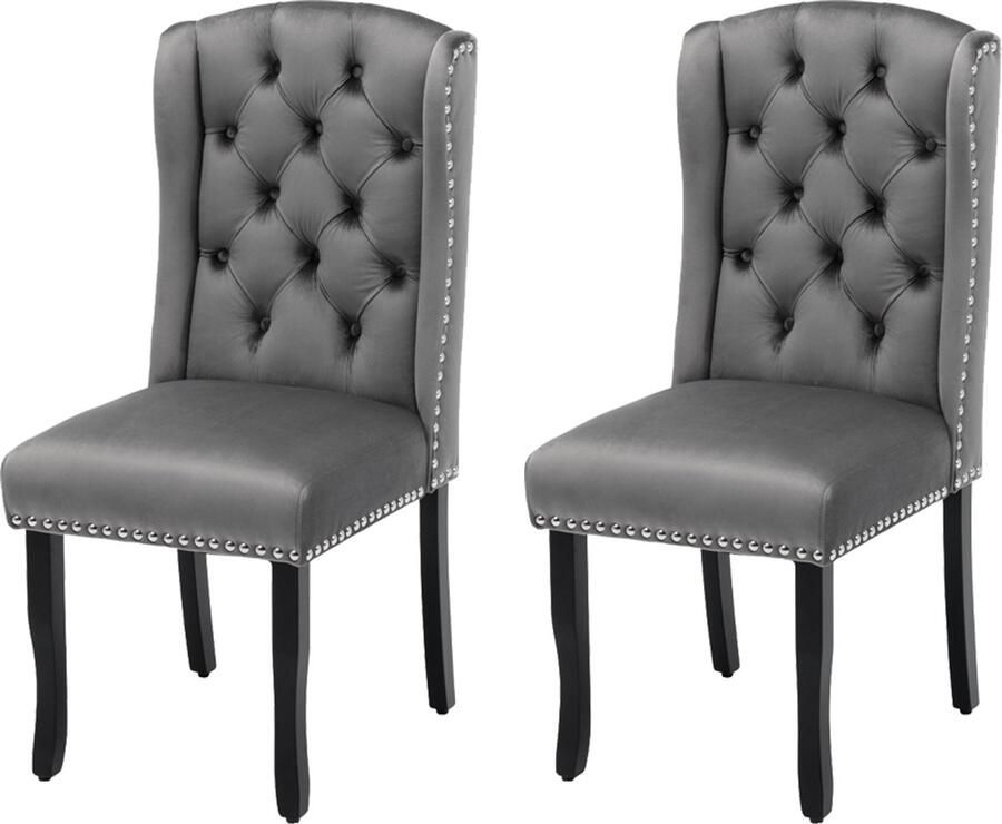 Stoelen 2-delig set Eetkamerstoelen Relaxstoelen Multifunctionele stoelen Stevige houten poten Rugleuning met knoopdecoratie Rug met ring voor design en gemakkelijke verplaatsing Spijkerbanddecoratie 49x61x100cm Grijs