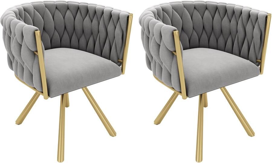 Stoelen 2-delige set eetkamerstoelen loungestoelen draaibare stoelen multifunctionele stoelen met 4 stevige metalen poten huidvriendelijke zachte stof 59x54x72 cm grijs+goud
