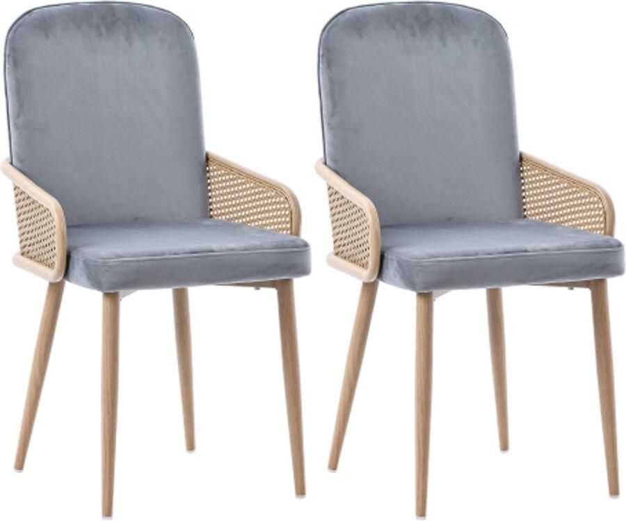 Stoelen 2 Stuks 45x43x90cm Eetkamerstoelen Vierkante Grijs Fluweel Rattan Design Metalen Poten Houtnerf Effect Voor Woonkamer Slaapkamer