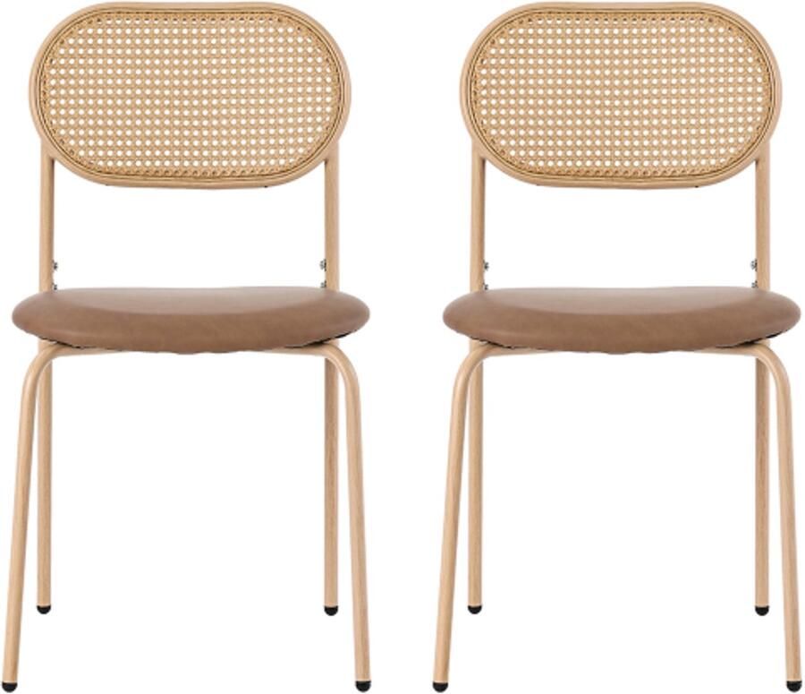 Stoelen 2 Stuks 46x40x80cm Eetkamerstoel Bruin PU Rattan Rugleuning Metalen Poten Modern Eenvoudig Voor Woonkamer Slaapkamer Eetkamer