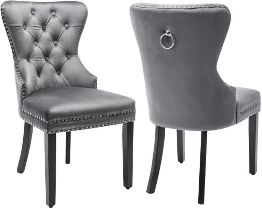 Stoelen 2 Stuks 50x47x97cm Eetkamerstoelen Grijs Fluweel Met Knopen Chroom Ring En Nieten Eikenhouten Poten Geschikt Voor Woonkamer Slaapkamer En Keuken