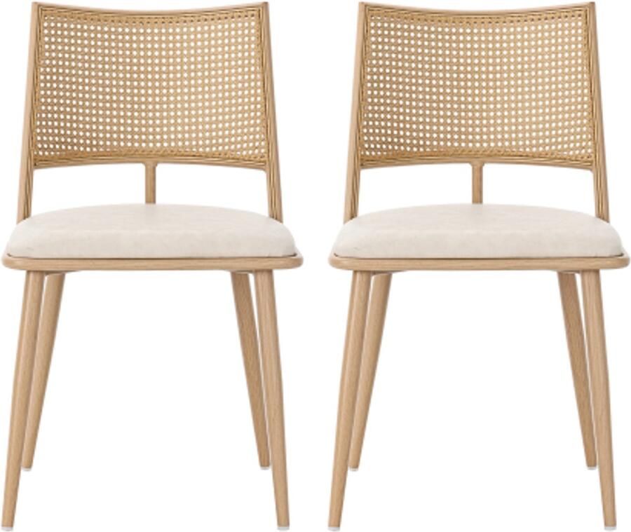 Stoelen 2 Stuks 50x48x80cm Eetkamerstoel Vierkante Beige PU Rotan Comfortabel Kussen Rotan Rugleuning Metalen Poten Geschikt voor Woonkamer Slaapkamer Eetkamer Kantoor Vergaderruimte