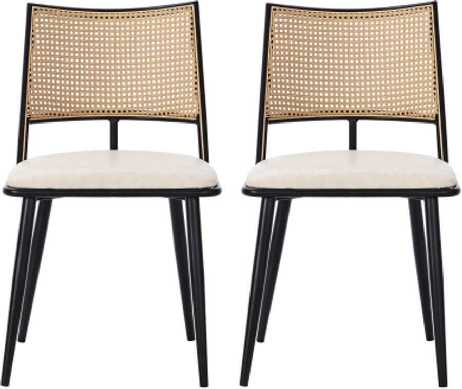 Stoelen 2 Stuks 50x48x80cm Eetkamerstoel Vierkante Zwart PU Rotan Comfortabel Kussen Rotan Rugleuning Metalen Poten Geschikt voor Woonkamer Slaapkamer Eetkamer Kantoor Vergaderruimte