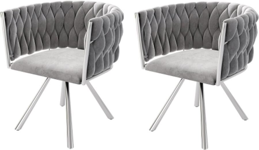 GOTAGEE Eetkamerstoel set van 2 enkele woonkamer slaapkamer draaistoel vrijetijdsstoel met vier metalen steunpoten grijs+zilver fluweel