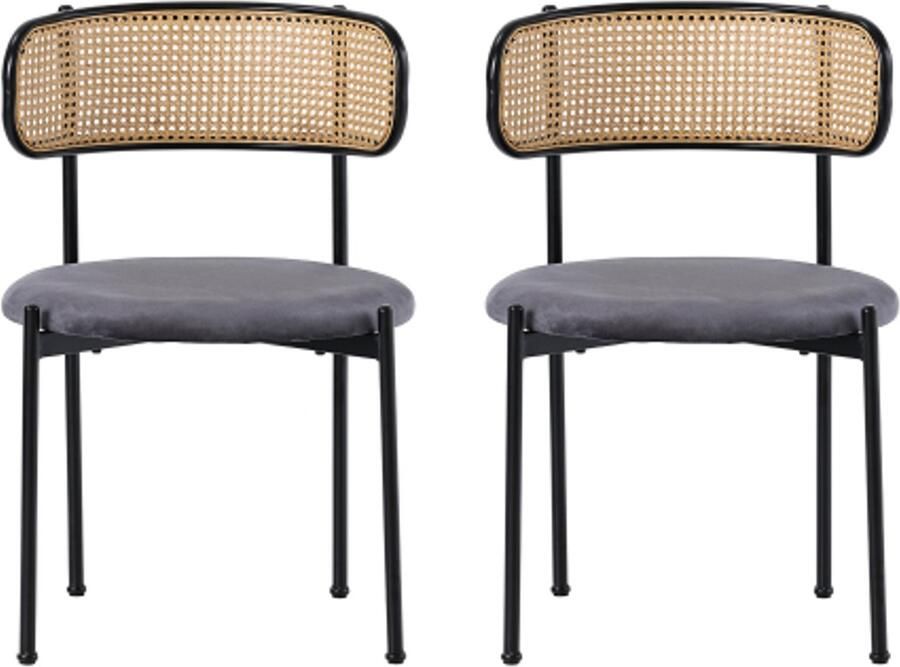 Stoelen 2 Stuks 51x51x75cm Eetkamerstoel Grijs Flwueel Rieten Rugleuning Metalen Poten Modern Minimalistisch Voor Woonkamer Slaapkamer Eetkamer