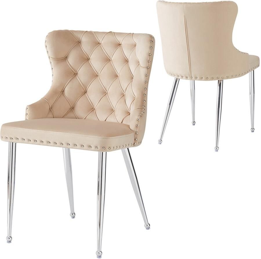 Stoelen 2‑delig set eetkamerstoelen make-up stoelen minimalistische moderne stoelen ergonomische stoelen met hoge rugleuning 54×54×85 5 cm beige+zilverkleurig