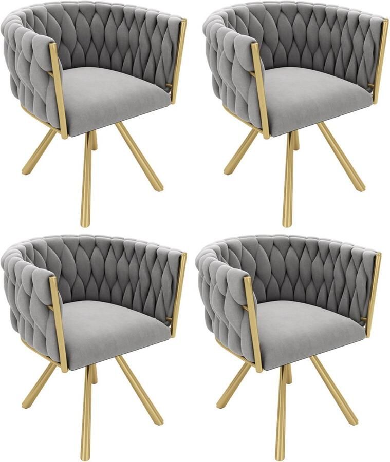 Stoelen 4-delige set eetkamerstoelen loungestoelen draaibare stoelen multifunctionele stoelen met 4 stevige metalen poten huidvriendelijke zachte stof 59x54x72 cm grijs+goud