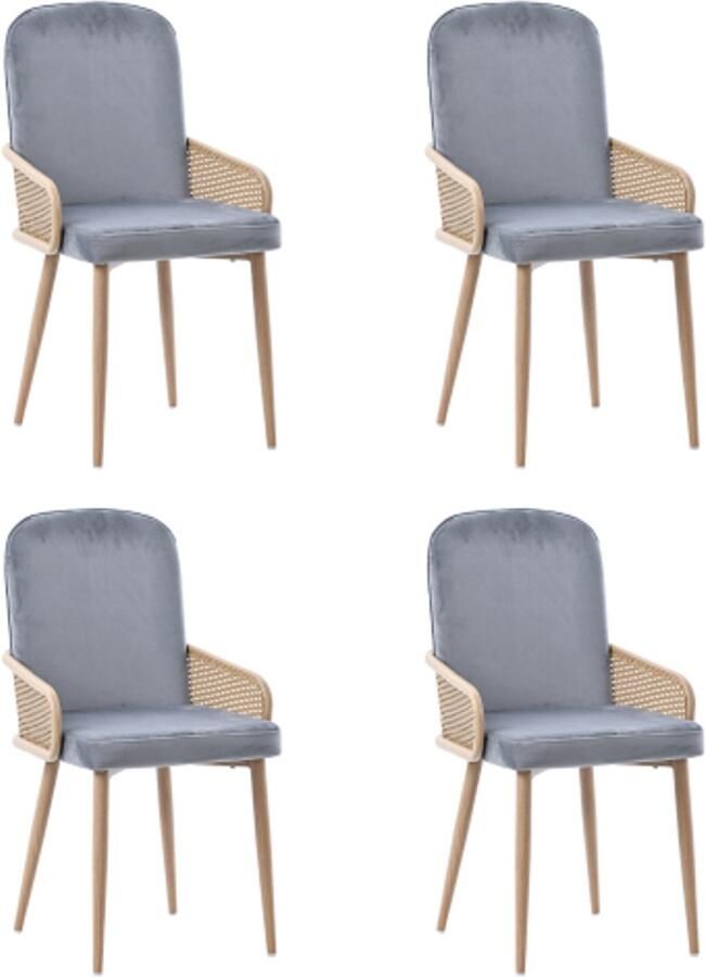 Stoelen 4 Stuks 45x43x90cm Eetkamerstoelen Vierkante Grijs Fluweel Rattan Design Metalen Poten Houtnerf Effect Voor Woonkamer Slaapkamer