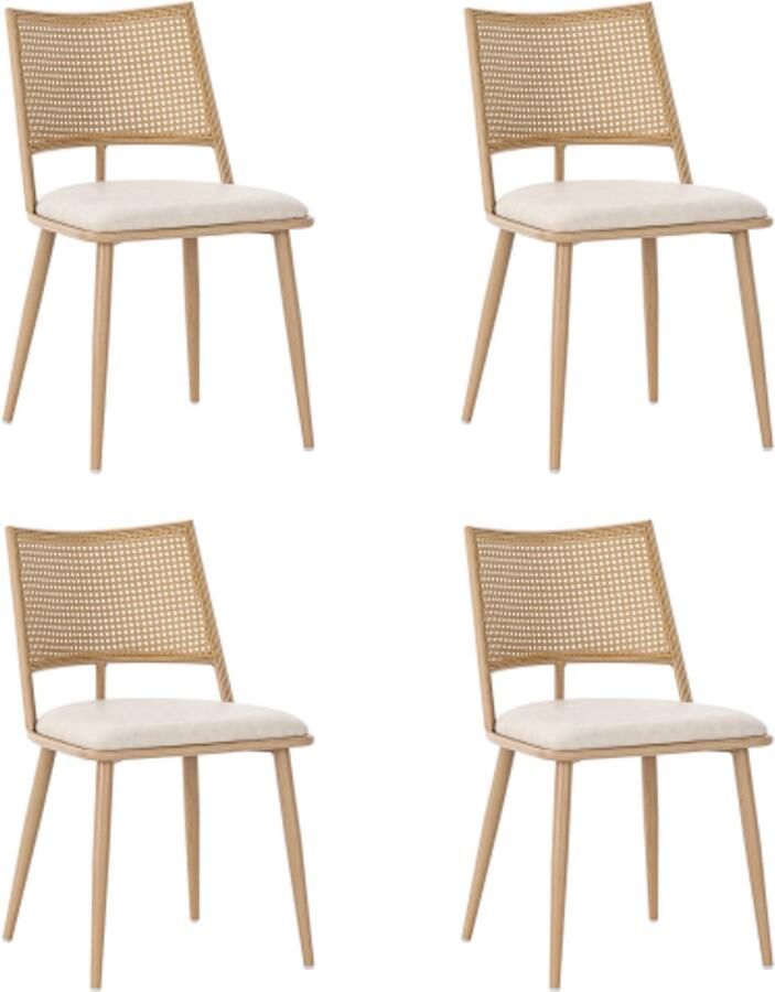 Stoelen 4 Stuks 50x48x80cm Eetkamerstoel Vierkante Beige PU Rotan Comfortabel Kussen Rotan Rugleuning Metalen Poten Geschikt voor Woonkamer Slaapkamer Eetkamer Kantoor Vergaderruimte