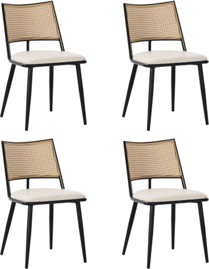 Stoelen 4 Stuks 50x48x80cm Eetkamerstoel Vierkante Zwart PU Rotan Comfortabel Kussen Rotan Rugleuning Metalen Poten Geschikt voor Woonkamer Slaapkamer Eetkamer Kantoor Vergaderruimte