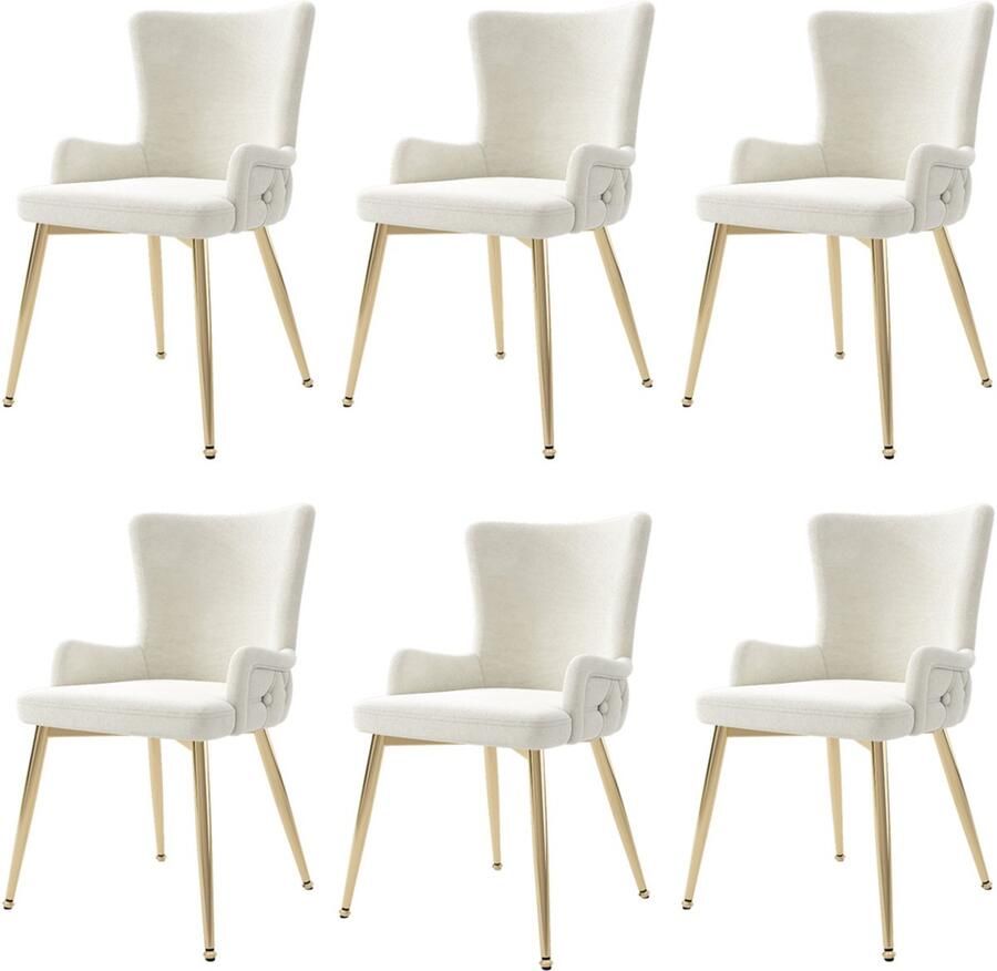 Stoelen 6-delig Set Eetkamerstoelen Lounge Stoelen Fauteuils Multifunctionele Stoelen Met armleuningen en hoge rugleuning met knoopdecoratie en diamantpatroon Huidvriendelijke zachte stof Stevig metalen frame Beige + goud