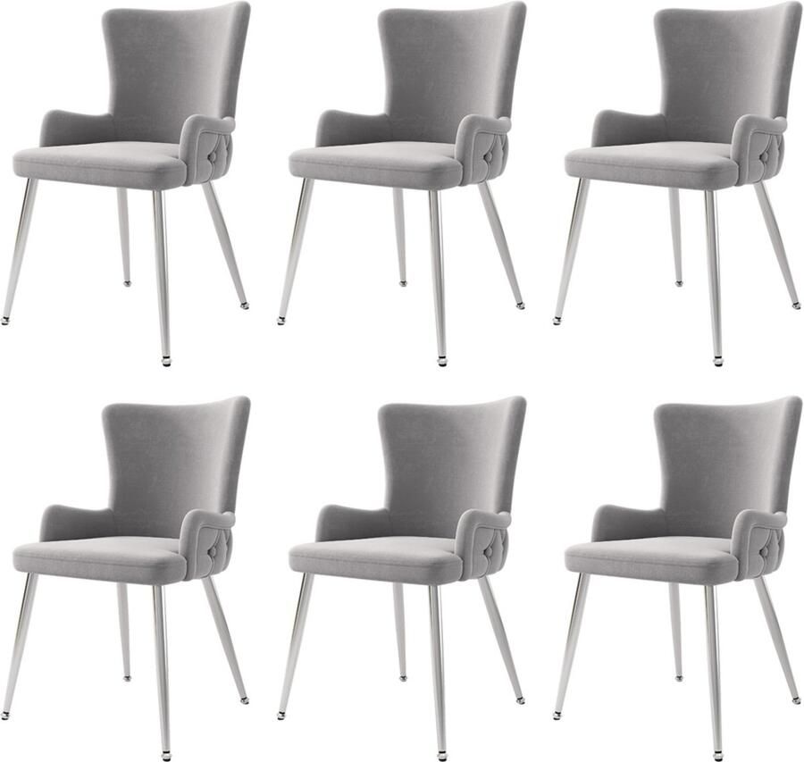 Stoelen 6-delig Set Eetkamerstoelen Lounge Stoelen Fauteuils Multifunctionele Stoelen Met armleuningen en hoge rugleuning met knoopdecoratie en diamantpatroon Huidvriendelijke zachte stof Stevig metalen frame Grijs + Zilver