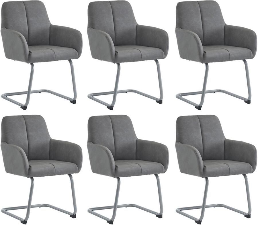 Stoelen 6-delig Set Eetkamerstoelen Lounge Stoelen Multifunctionele Stoelen Met armleuningen en gebogen stalen poten Stevig metalen frame Dikke vulling voor hoog comfort Geschikt voor eetkamer slaapkamer en woonkamer Grijs
