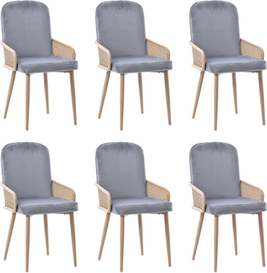 Stoelen 6 Stuks 45x43x90cm Eetkamerstoelen Vierkante Grijs Fluweel Rattan Design Metalen Poten Houtnerf Effect Voor Woonkamer Slaapkamer