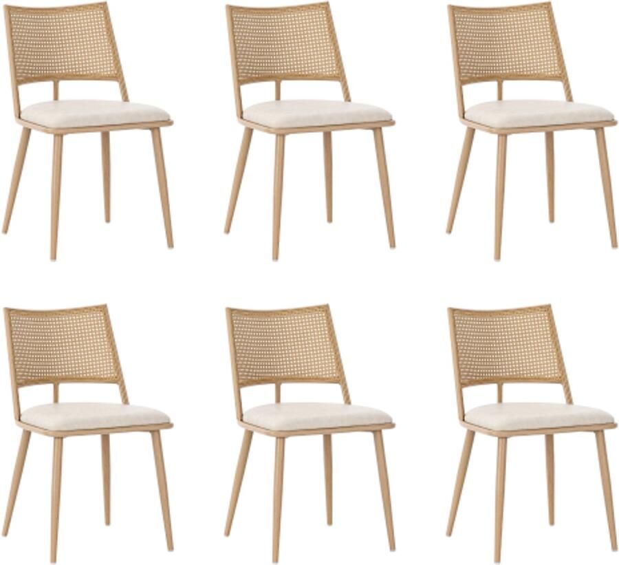 Stoelen 6 Stuks 50x48x80cm Eetkamerstoel Vierkante Beige PU Rotan Comfortabel Kussen Rotan Rugleuning Metalen Poten Geschikt voor Woonkamer Slaapkamer Eetkamer Kantoor Vergaderruimte