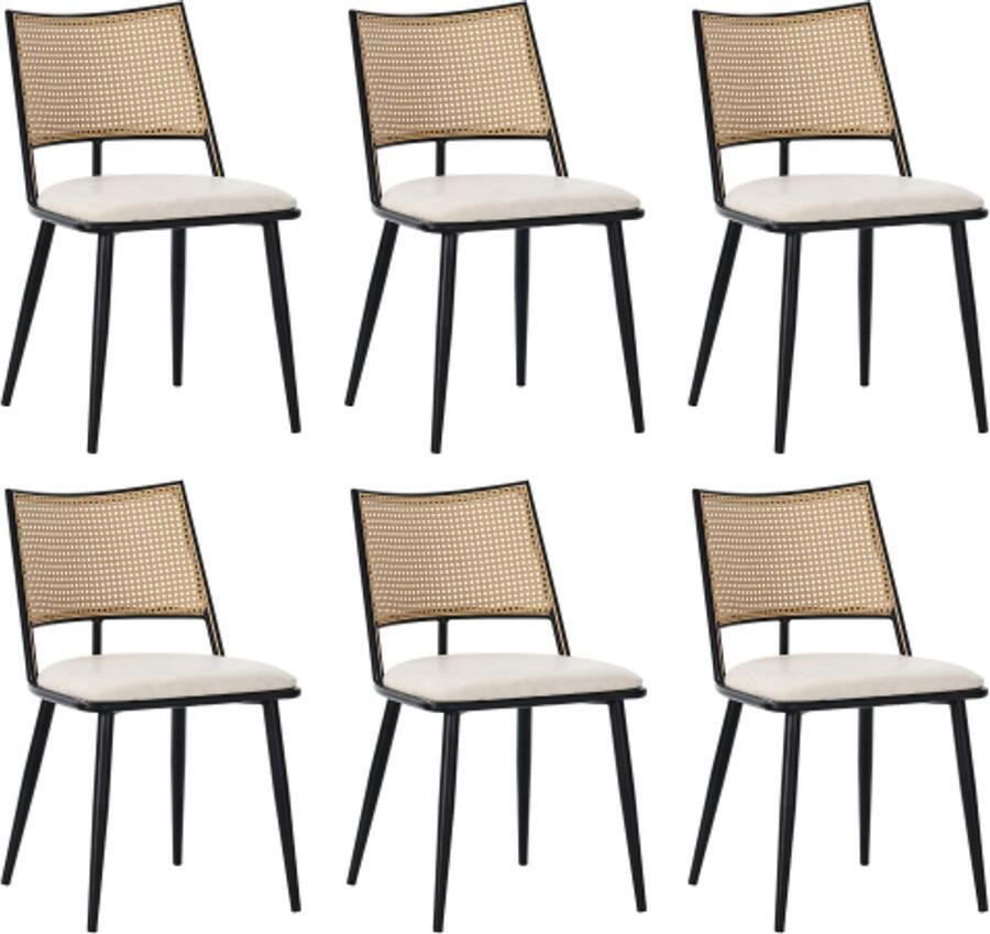 Stoelen 6 Stuks 50x48x80cm Eetkamerstoel Vierkante Zwart PU Rotan Comfortabel Kussen Rotan Rugleuning Metalen Poten Geschikt voor Woonkamer Slaapkamer Eetkamer Kantoor Vergaderruimte