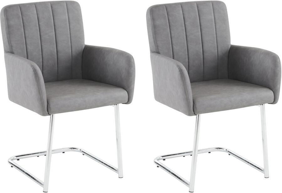 Stoelen set van 2 eetstoelen loungestoelen bureaustoelen multifunctionele stoelen met armleuningen en een stijlvolle rugleuning met verticale strepen stevige metalen basis huidvriendelijke en zachte bekleding 56x50x86 cm Grijs